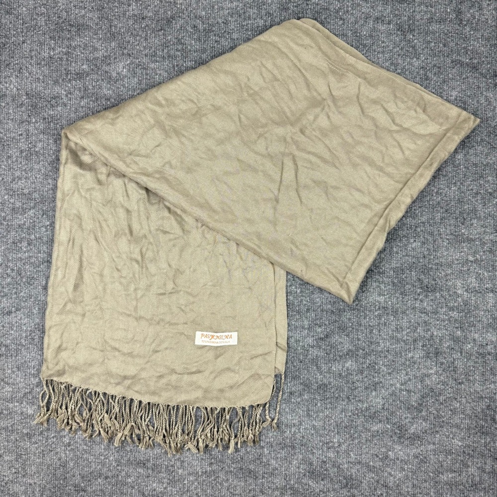 Pashmina Silk Scarf Taupe Olive Fringe Trim Lightweight Wrap Shawl Large Scarf